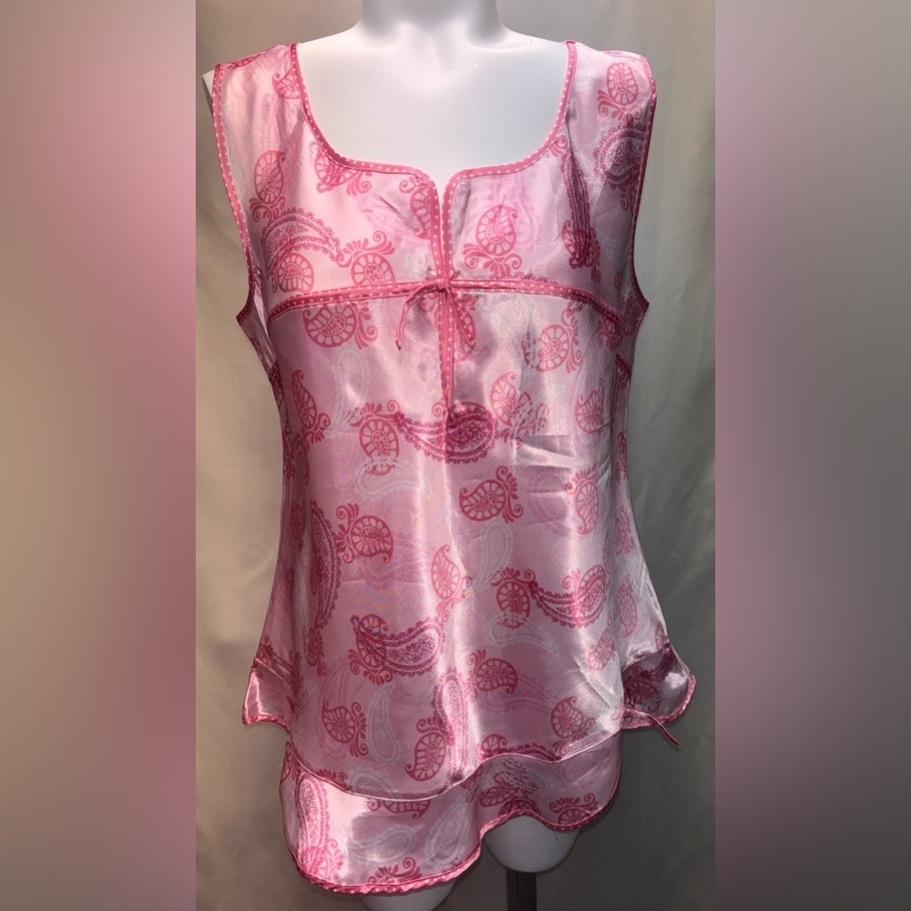 Robert Louis Sleeveless Pinks & White Paisley Print 2pc Satin Pajama Set Large